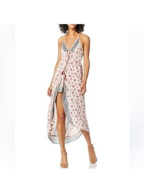 Angie Pink Floral High-Low Maxi Dress with Blue Trim